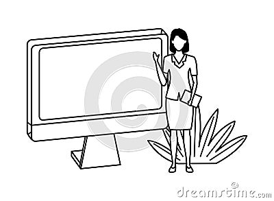 Executive businesswoman with computer screen and document in black and white Vector Illustration