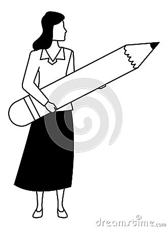 Executive businesswoman holding big pencil in black and white Vector Illustration