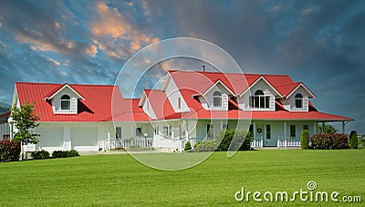 Canada Farmhouse Home House Front Exterior Red Roof Cloudy Sunset Sky Background Stock Photo