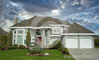 Home House Exterior Luxury Residential Dramatic Cloudy Sky Background Stock Photo