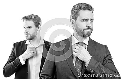 executive fixing tie. professional successful ceo. leadership. ambitious colleague experts. Stock Photo