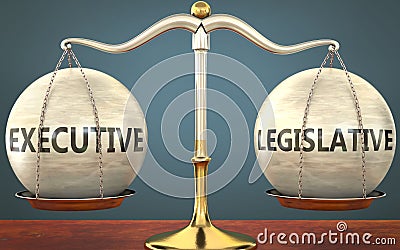 Executive and legislative staying in balance - pictured as a metal scale with weights and labels executive and legislative to Cartoon Illustration