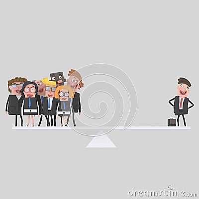 Executive man standing on money balance.3D Cartoon Illustration