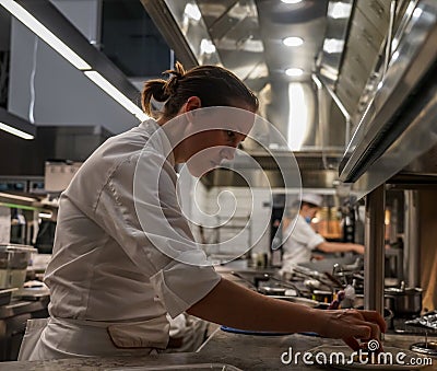 Executive Sous Chef Christin Bourgeois in the kitchen of newest Micheline Star Chef Daniel Boulud`s restaurant Le Pavillon Editorial Stock Photo