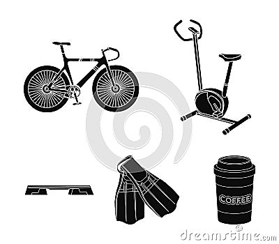 Exercise bike, bicycle, fins for swimming, fitness bench. Sport set collection icons in black style vector symbol stock Vector Illustration
