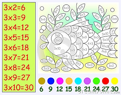 Exercise for children with multiplication by three. Need to paint image in relevant color. Vector Illustration