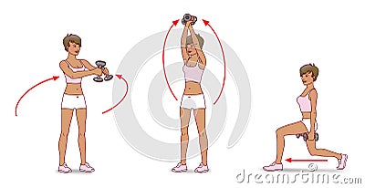 Exercise with dumbbells. Girl with short hair wearing shorts and t-shirt doing exercises with dumbbells: waving her arms and lunge Stock Photo