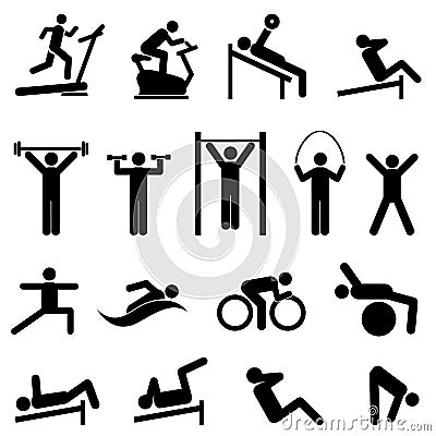 Exercise, fitness, health and gym icons Vector Illustration