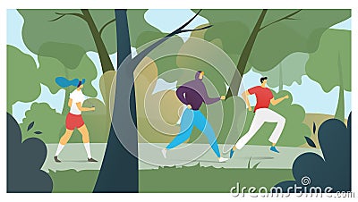 Exercise lifestyle for jogging sport people in park, vector illustration. Healthy active fitness outdoor. Young runner Vector Illustration
