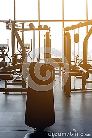Exercise machines in an empty gym Stock Photo