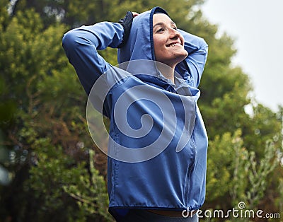 Exercise woman, winter fitness and stretching in nature, park and garden, fresh air and freedom, morning running and Stock Photo