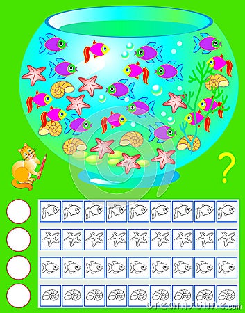 Exercise for young children. Need to count the aquarium inhabitants, paint corresponding number of them and write their quantity. Stock Photo