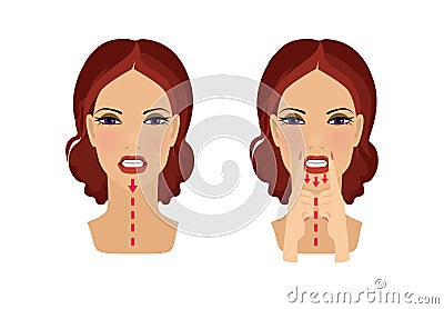 Exercises for beauty and youthfulness of the face and neck skin. Remove wrinkles. The girl trains the muscles of the face. Stock Photo