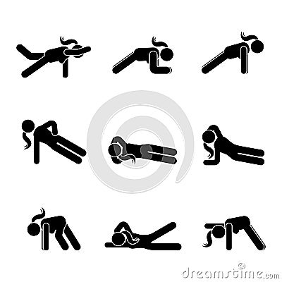 Exercises body workout stretching woman stick figure. Healthy life style vector illustration pictogram. Vector Illustration