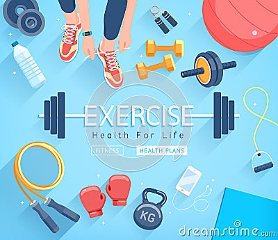 Exercises conceptual design. Young people doing workout. Sport Fitness banner promotion background Vector Illustration