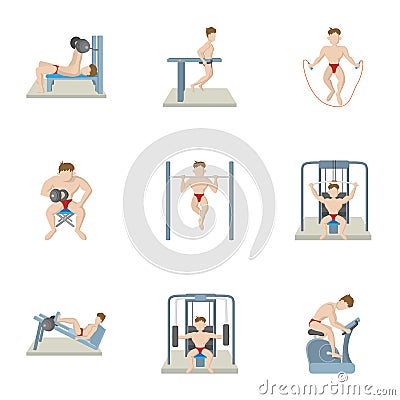 Exercises in gym icons set, cartoon style Vector Illustration