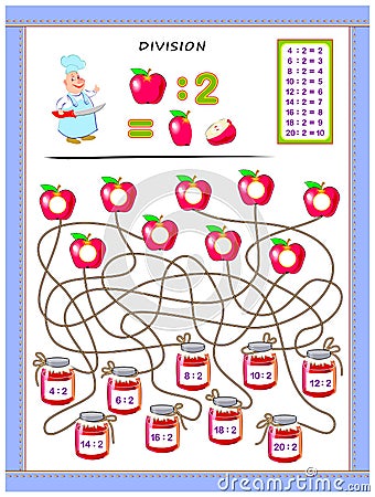 Exercises for kids with division table by number 2. Solve examples and write answers on apples. Vector Illustration