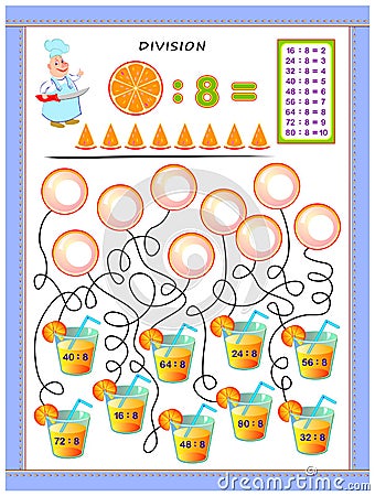 Exercises for kids with division table by number 8. Solve examples and write answers on bubbles. Vector Illustration