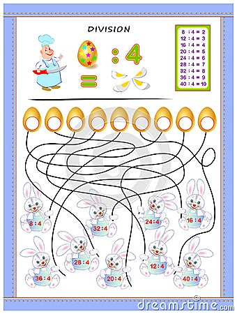 Exercises for kids with division table by number 4. Solve examples and write answers on eggs. Vector Illustration