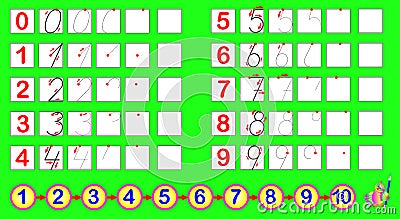 Exercises for young children. Need to draw the numbers according to the sample. Developing skills for counting and writing. Vector Illustration
