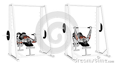 Exercising. Decline Smith Machine Bench Press Stock Photo