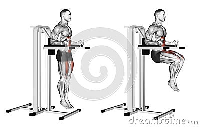 Exercising. Knee Raise on parallel bars Stock Photo