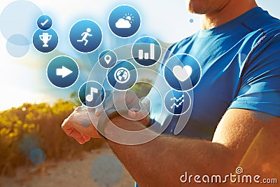Exercising Man Checking Activity Tracker With Health Icons Stock Photo