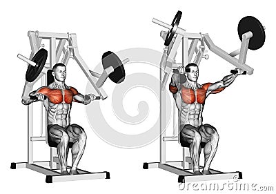 Exercising. Press hammer strength gym simulator Stock Photo