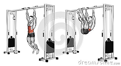 Exercising. Pulling the legs to the arms hanging on the crossbar Stock Photo