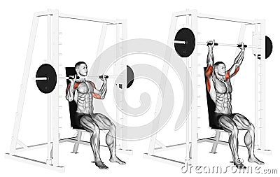 Exercising. Smith Machine Shoulders Press Stock Photo