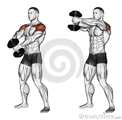 Exercising. Ups of hands forward with one dumbbell Stock Photo