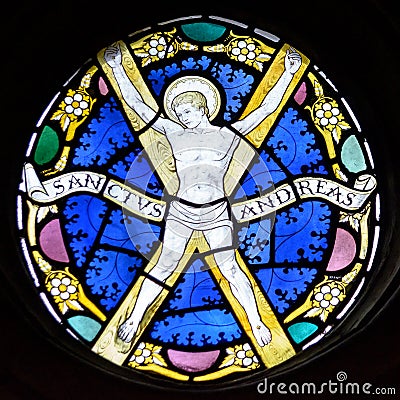 Stained Glass in Exeter Cathedral, St Andrews Chapel Window, Christ Walking on the Water Tracery Light A Editorial Stock Photo