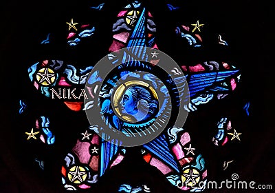 Stained Glass in Exeter Cathedral, Lady Chapel Window Tracery Li Editorial Stock Photo