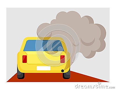 Exhaust fumes machine illustration. Environmental pollution with carbon dioxide, dangerous smog spoils air toxic Vector Illustration