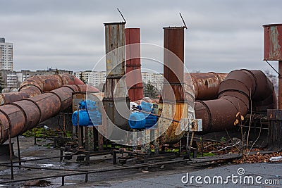 Exhaust systems are installed on the roof of the plant. Exhaust systems consist of a stationary engine, ducts Stock Photo
