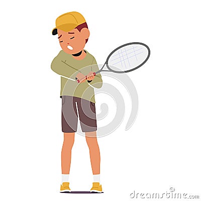 Exhausted And Bleary-eyed, Tired Sleepy Kid Boy Character with Tennis Racquet in Hands, Fatigue Tired Child Vector Illustration