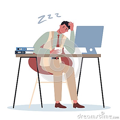 Exhausted business man. Business character with lack of energy. Vector Illustration