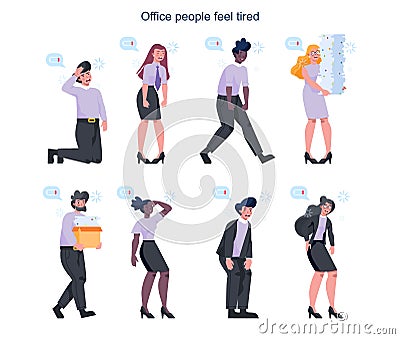 Exhausted business man and woman set. Business people with lack of energy Vector Illustration