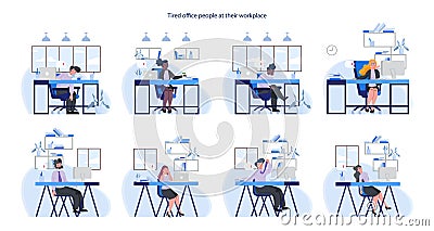 Exhausted business man and woman set. Business people with lack of energy Vector Illustration
