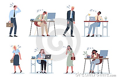 Exhausted business man and woman set. Business people with lack of energy Vector Illustration