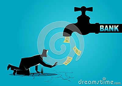 Exhausted businessman approaching a water tap flow with bank not Vector Illustration
