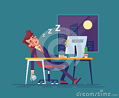 Exhausted businessman fell asleep in the workplace in the office at night. Work overtime. Modern illustration. Cartoon Illustration
