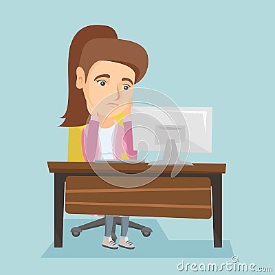 Exhausted caucasian employee working in office. Vector Illustration