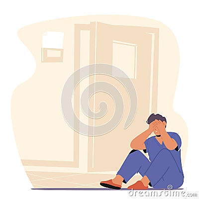 Exhausted And Despondent Doctor Character Sits On The Floor Beside The Cabinet Door, Burdened By The Weight Of Fatigue Vector Illustration