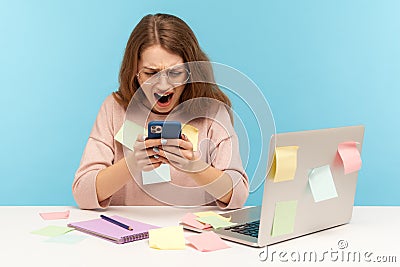 Exhausted fatigued overworked woman employee covered with sticky notes, touching head, thinking desperate Stock Photo