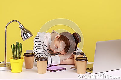 Exhausted fatigued woman office manager sleeping at workplace, lying surrounded by coffee cups. Stock Photo