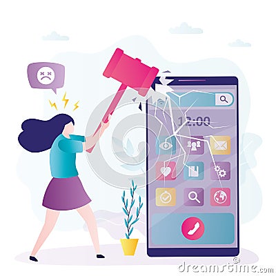 Exhausted girl with hammer breaks mobile phone to get rid of addiction. Female character refusing internet Vector Illustration
