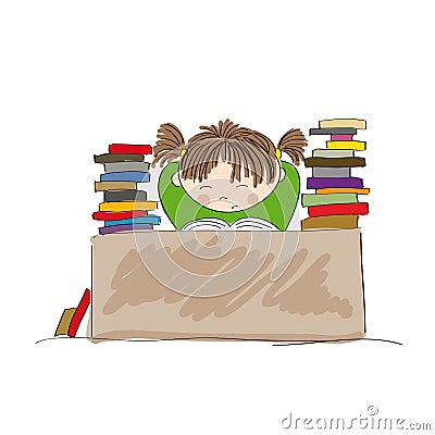 Exhausted girl preparing for exams, studying hard Vector Illustration