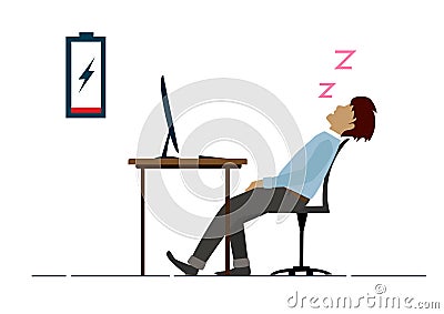 The exhausted male employee sleeps on the desk in the office Vector Illustration