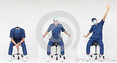 Exhausted male medical professional stretching sitting on mobile saddle Stock Photo